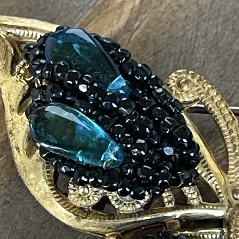 Vintage Signed Miriam Haskell Rare Butterfly Brooch Pin Black & Teal Beadwork